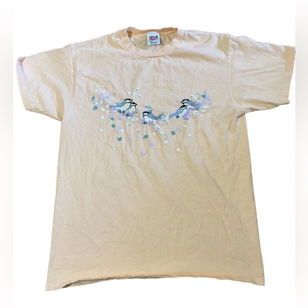 Vintage Embroidered Birds Floral Single Stitch Tshirt